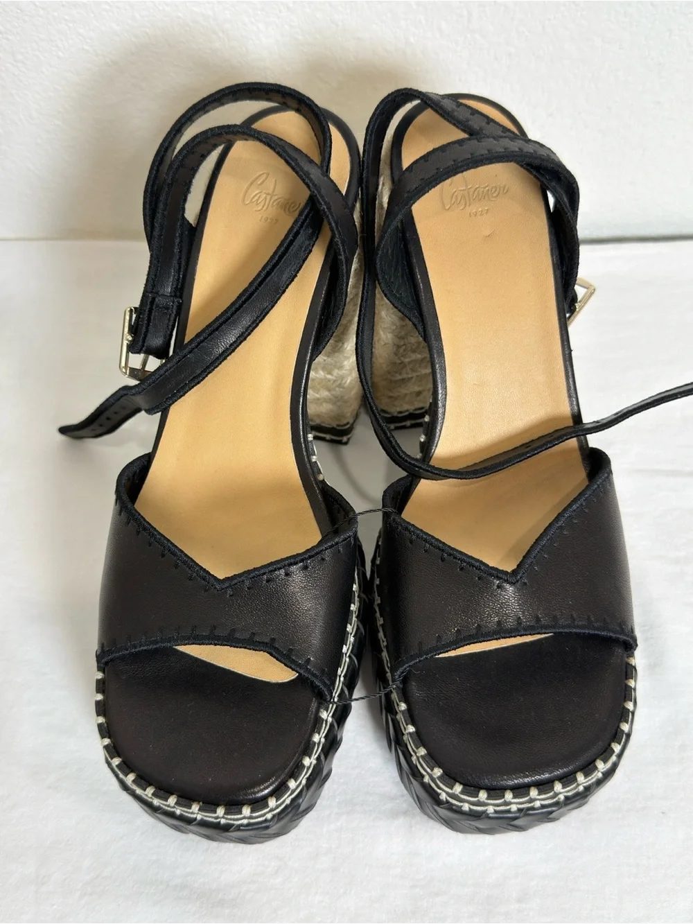 Castaner Black Leather Platform Espadrille Sandals with Natural Rope Heel NWOB